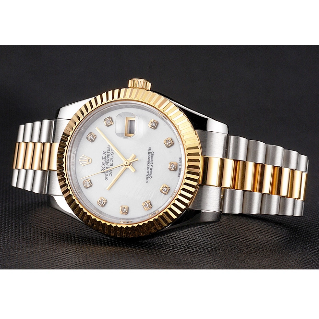 Aaa replica Steel Hour Marks Two Case Gold Bracelet Stainless Tone White Rolex Bezel Swiss Datejust Diamond Dial 0818